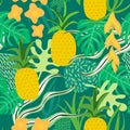 Tropical Flowers and Leaves Pattern. Pineapples Retro Background Royalty Free Stock Photo