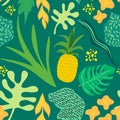 Tropical Flowers and Leaves Pattern. Pineapples Retro Seamless Trendy Background Memphis Style. Summer Jungle Nature Design]