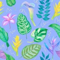 Colorful hand drawn illustrations, tropical plants design, seamless pattern, trendy blue color background Royalty Free Stock Photo