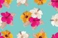 Tropical flowers and palm leaves on background. Seamless. Vector pattern.