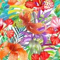 Tropical flowers palm leaves seamless pattern. Lily, Delonix flowers, Monstera, Banana leaf, Cordyline Watercolor botanical