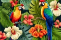 tropical flowers and parrots, decorative pattern, seamless repeating pattern