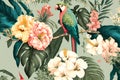 tropical flowers and parrots, decorative wallpaper. watercolor tree branches