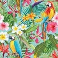 Tropical Flowers and Parrots Seamless Floral Summer Pattern Royalty Free Stock Photo