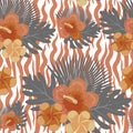 Tropical flowers, plants, leaves and animal skin seamless pattern. Summer Endless floral background. Paradise repeating Royalty Free Stock Photo