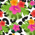 Tropical flowers, plants, leaves and animal skin seamless pattern. Summer Endless floral background. Paradise repeating Royalty Free Stock Photo