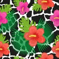 Tropical flowers, plants, leaves and animal skin seamless pattern. Summer Endless floral background. Paradise repeating Royalty Free Stock Photo