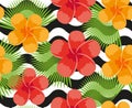 Tropical flowers, plants, leaves and animal skin seamless pattern. Summer Endless floral background. Paradise repeating Royalty Free Stock Photo