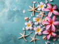 Tropical flowers plumeria, starfish and shells on blue background. Flat lay, top view Generative AI Royalty Free Stock Photo