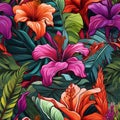 Tropical flowers seamless pattern with hibiscus, orchids, and frangipani in bold contrasting colors Royalty Free Stock Photo