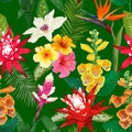 Tropical Flowers Seamless Pattern. Summer Floral Background with Tiger Lily Flower and Hibiskus. Blooming Design