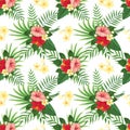 Tropical flowers seamless pattern. Summer tropic flower, wild plants leaves and tropics floral party vector background