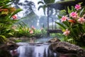 tropical flowers by the serene, steamy hot spring