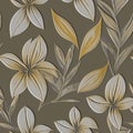 Tropical flowers textured 3d seamless pattern. Floral embossed leafy autumn background. Repeat relief backdrop. Line art emboss Royalty Free Stock Photo