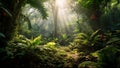 Tropical forest adorned with copious vegetation and sunlight. Generative AI