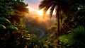 Tropical forest adorned with copious vegetation and sunlight. Generative AI