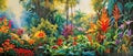 tropical forest illustration with vibrant flowers creates a colorful paradise background