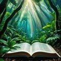 A tropical forest jungle appearing in a opening book