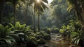 tropical forest in the jungle, tropical jungle with tropical green trees, tropical landscape Royalty Free Stock Photo