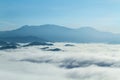 Tropical forest in the morning mountain valley landscape over mist, on Viewpoint Khao Kai Nui, Phang Nga, Thailand. Royalty Free Stock Photo