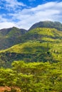 Tropical forest and rural landscape on the slopes of picturesque mountains. Vertical photo