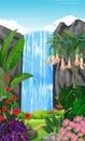 Tropical Forest With Waterfall And Ivy Flower Cartoon