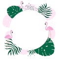 Tropical frame circle leaves and Flamingo Summer Banner, Graphic Background, Exotic Floral Invitation, Flyer or Card. Royalty Free Stock Photo