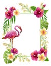 Tropical frame with flamingo and flowers. Hand drawn watercolor painting with pink Chinese Hibiscus rose and palm leave isolated Royalty Free Stock Photo