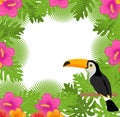 Tropical frame with flowers, plants and bird toucan. Summer floral template for your design. Exotic background. Vector Royalty Free Stock Photo