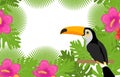 Tropical frame with flowers, plants and bird toucan. Summer floral template for your design. Exotic background. Vector Royalty Free Stock Photo