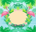 Tropical frame - green palms and pink flamingo