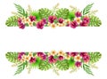 Tropical frame. Hand drawn watercolor border with hibiscus flowers and palm leaves Royalty Free Stock Photo