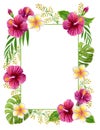 Tropical frame. Hand drawn watercolor painting with Hibiscus rose flowers and palm leave isolated on white background. Floral Royalty Free Stock Photo