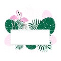 Tropical frame leaves and Flamingo Summer Banner, Graphic Background, Exotic Floral Invitation, Flyer or Card. Royalty Free Stock Photo