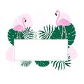 Tropical frame leaves and Flamingo Summer Banner, Graphic Background, Exotic Floral Invitation, Flyer or Card. Royalty Free Stock Photo