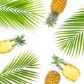 Tropical frame made of pineapple and mango fruit with palm leaves on white background. Flat lay Royalty Free Stock Photo