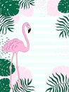 Tropical frame rectangular leaves and Flamingo Summer Banner, Graphic Background, Exotic Floral Invitation, Flyer or Card. Royalty Free Stock Photo
