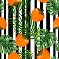 Tropical fresh persimmon seamless pattern. Summer background with sweet fruit, monstera and palm leaves.
