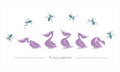 Tropical frogs, pelicans silhouettes. Vector isolated character. Funny pink birds play with frogs.