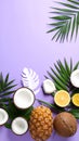 Tropical fruit arrangement with coconuts, pineapple, and palm leaves on a purple background Royalty Free Stock Photo