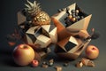 Tropical fruit and berries in golden and dark tones. Concept of luxury food. Generative AI