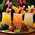 Tropical fruit cocktails with decorative straws and fruit garnishes Royalty Free Stock Photo