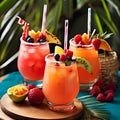 Tropical fruit cocktails with decorative straws and fruit garnishes Royalty Free Stock Photo