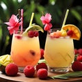 Tropical fruit cocktails with decorative straws and fruit garnishes Royalty Free Stock Photo