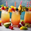 Tropical fruit cocktails with decorative straws and fruit garnishes Royalty Free Stock Photo