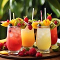 Tropical fruit cocktails with decorative straws and fruit garnishes Royalty Free Stock Photo