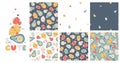 Tropical Fruit collection of seamless patterns with print composition and comic lettering. Vector cartoon childish