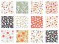 Tropical Fruit collection of seamless patterns. Vector cartoon childish background with cute smiling fruit characters in Royalty Free Stock Photo