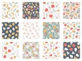 Tropical Fruit collection of seamless patterns. Vector cartoon childish background with cute smiling fruit characters in Royalty Free Stock Photo