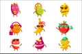 Tropical Fruit Cool Cartoon Characters On Vacation Set Of Colorful Stickers With Humanized Food Items